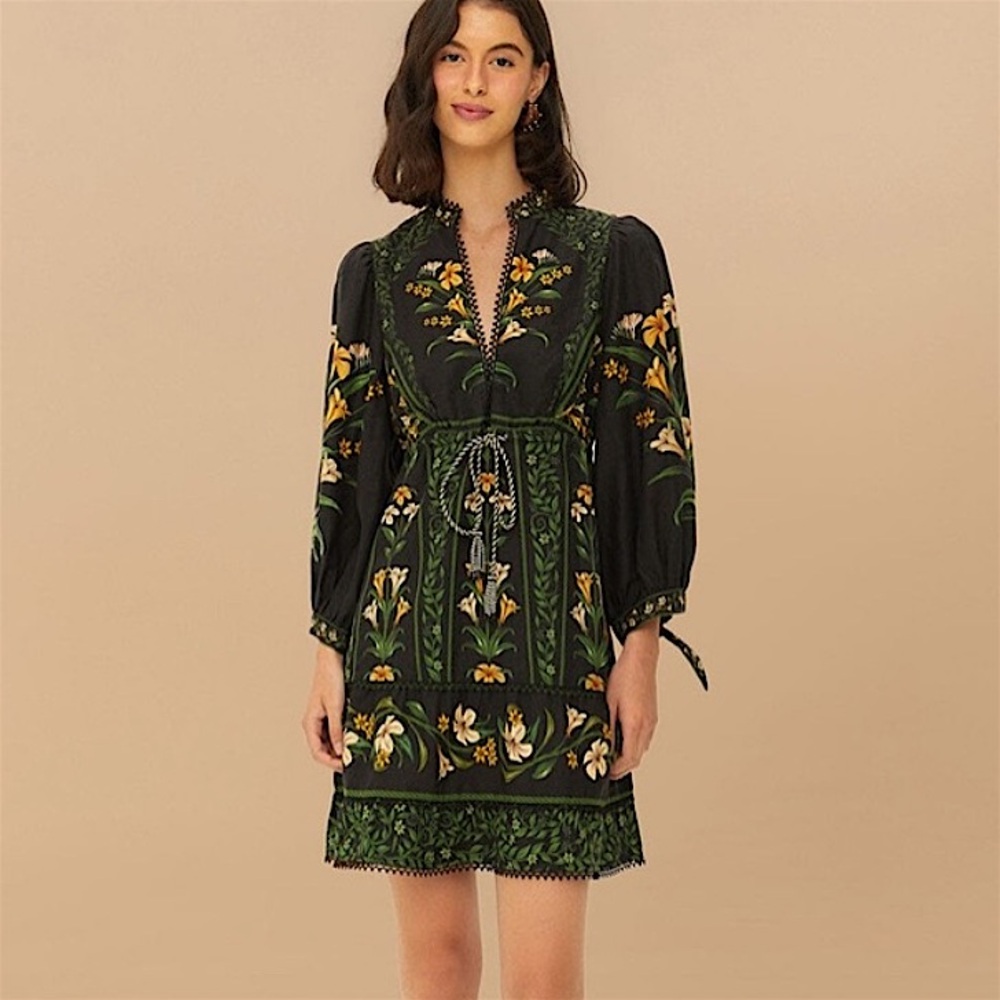 FARM RIO “Black flowers arch” minidress